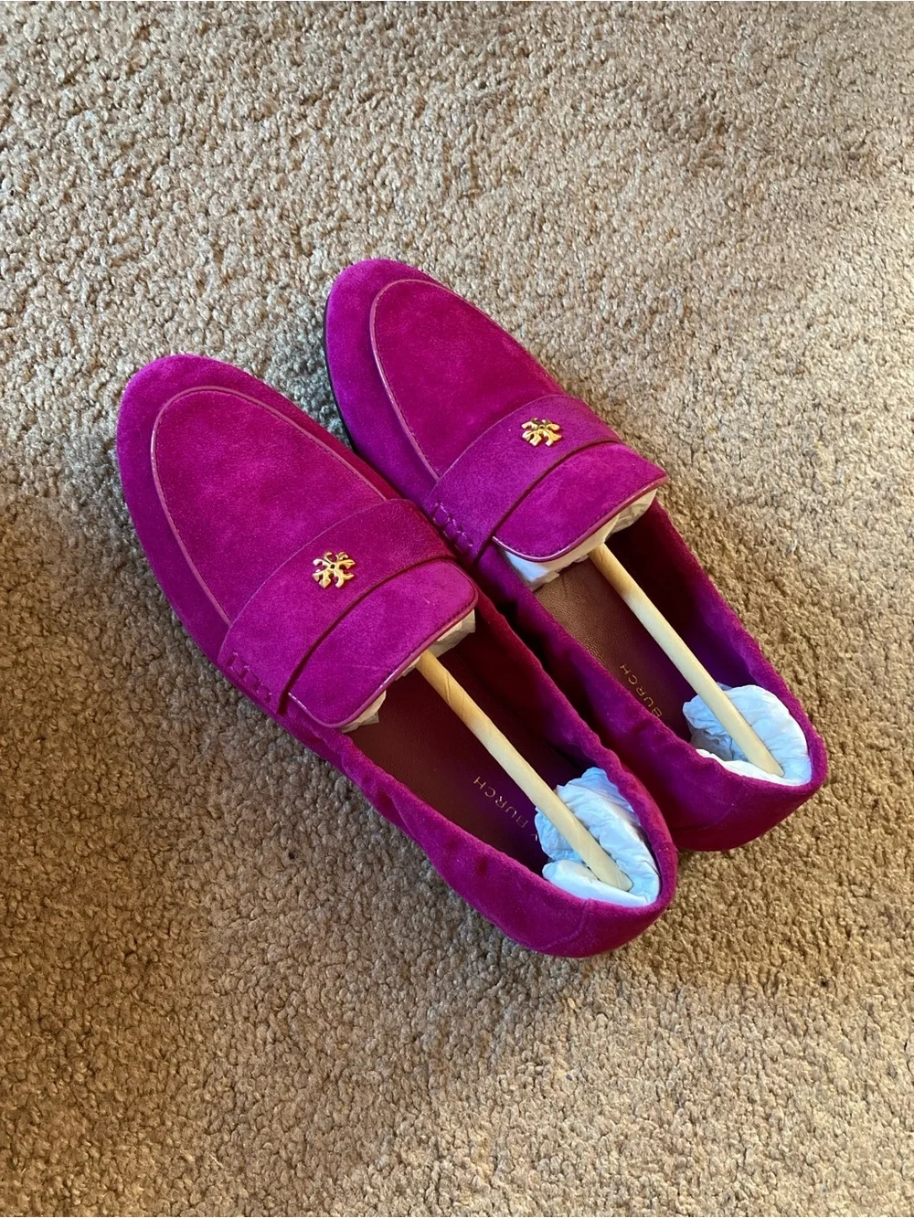 Tory Burch Fuchsia Suede Penny Loafers with Gold Logo
